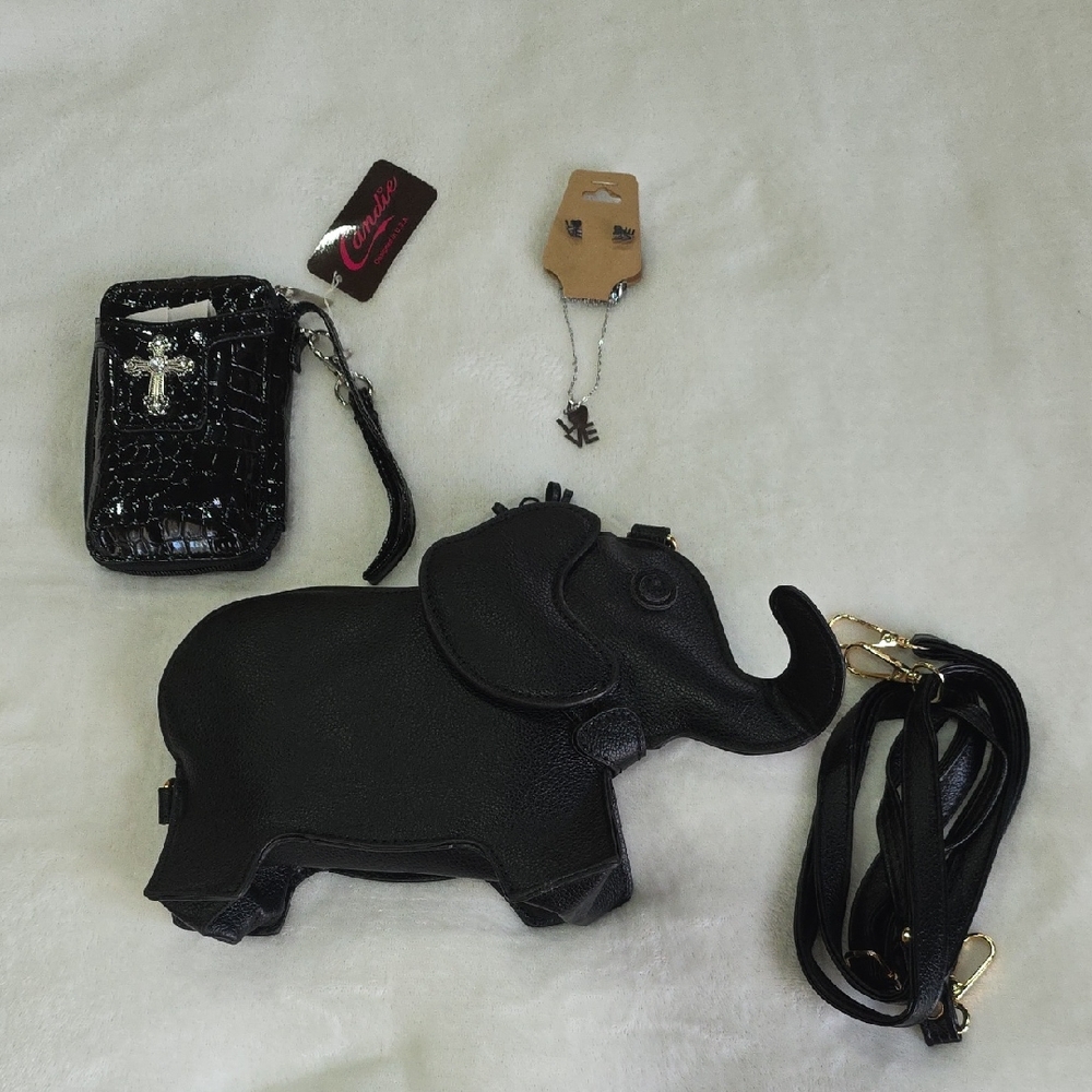 Candie's Black Elephant 🐘 Crossbody Bag Set Wallet Wristlet Love Necklace